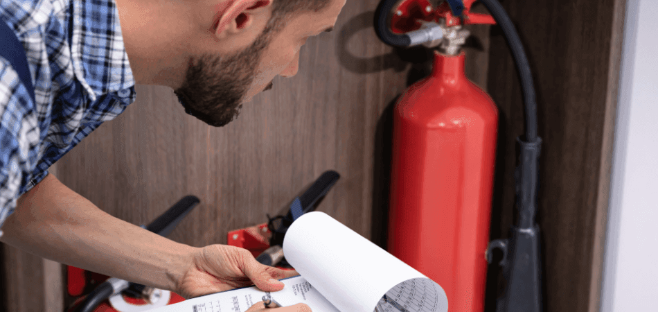A man in a checkered shirt is conducting an inspection of a fire extinguisher, holding a clipboard with a checklist. The image emphasizes fire safety as a crucial aspect of facility inspections.