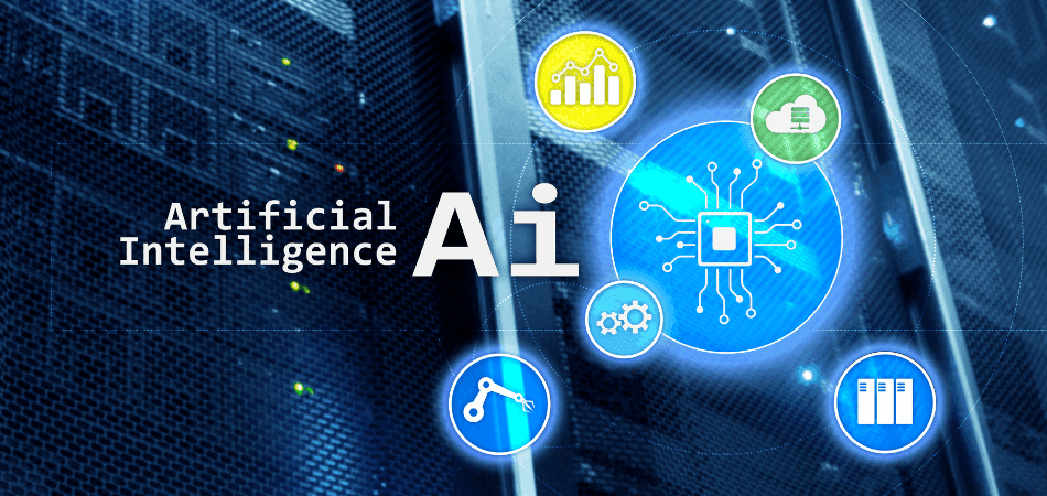 Digital visualization of artificial intelligence with server background and technology icons, illustrating AI capabilities that complement but cannot replace human judgment in IDD group home inspections.
